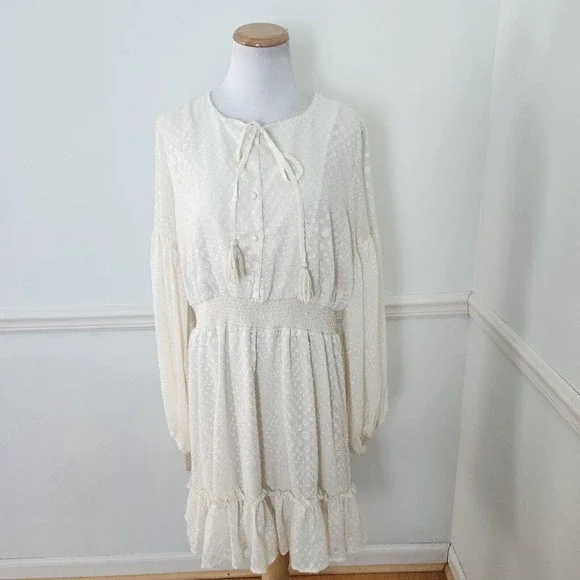 New Lulus Dress XL Swiss Dot Peasant Long Slv Cream Womens Casual Party … - Picture 1 of 15